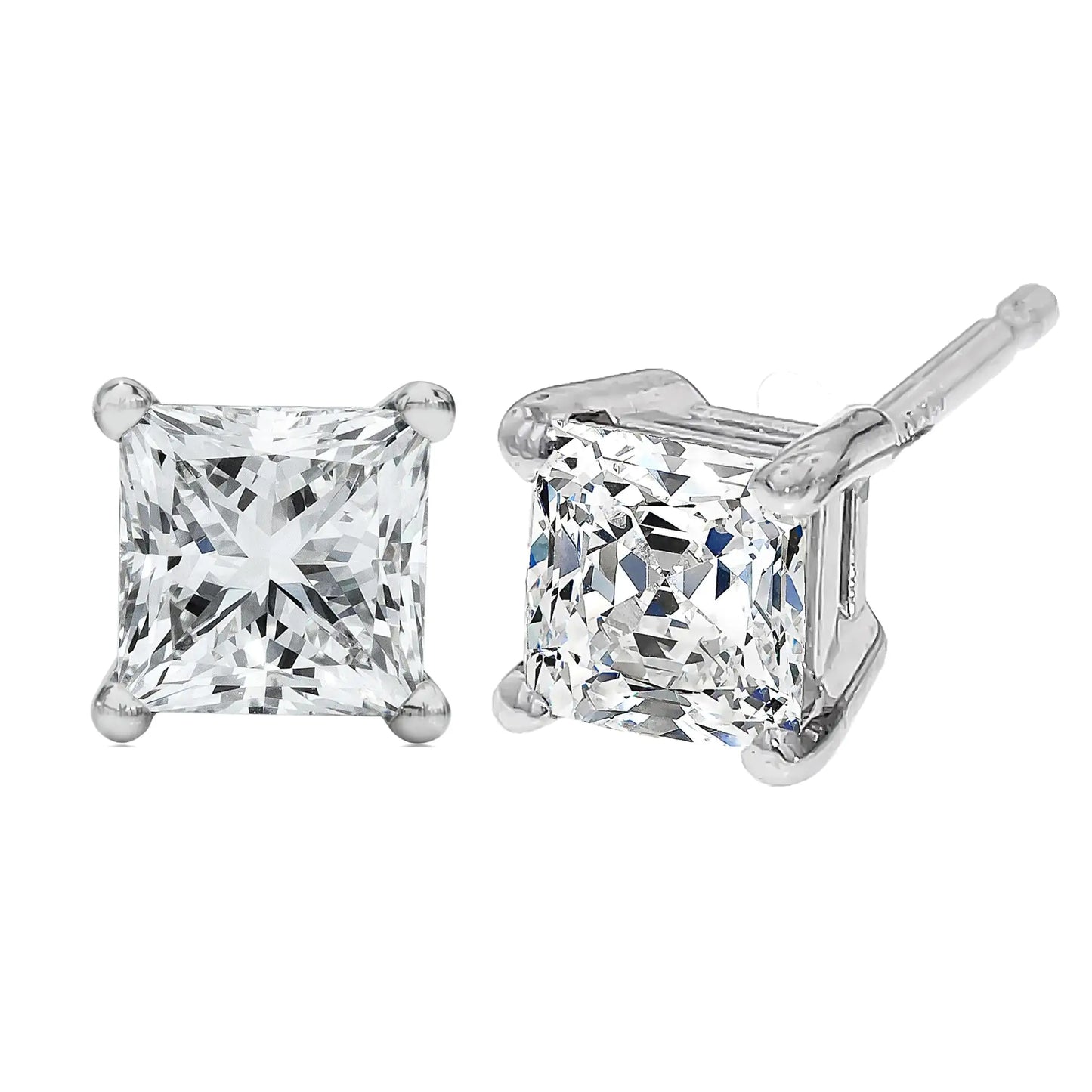Boucles d'oreilles à tige en or blanc 14 carats avec diamant solitaire taille princesse (couleur FG, pureté VS2-SI1)