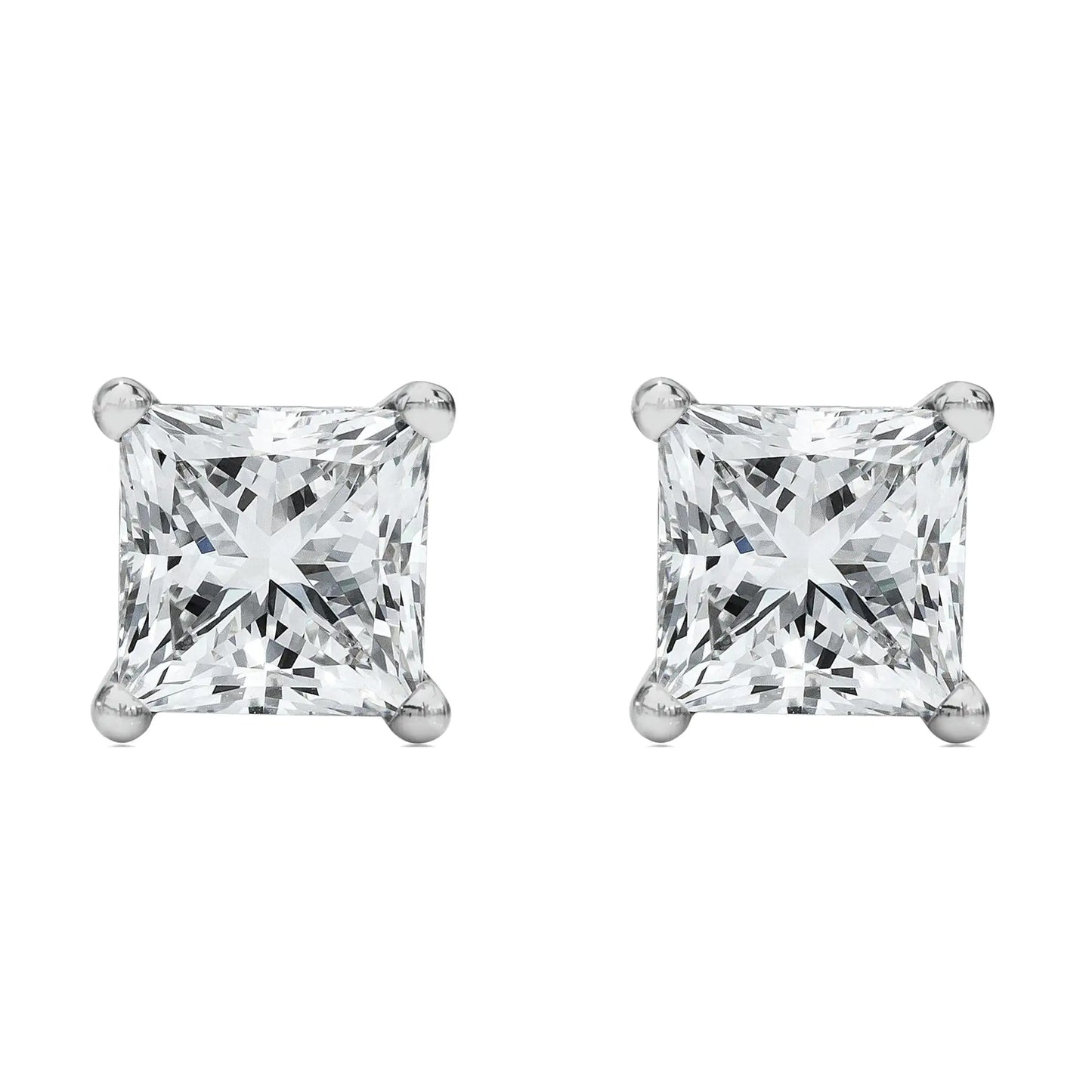 Boucles d'oreilles à tige en or blanc 14 carats avec diamant solitaire taille princesse (couleur FG, pureté VS2-SI1)