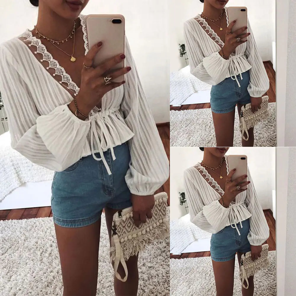 Deep V Waist Tie Lantern Sleeve Shirt