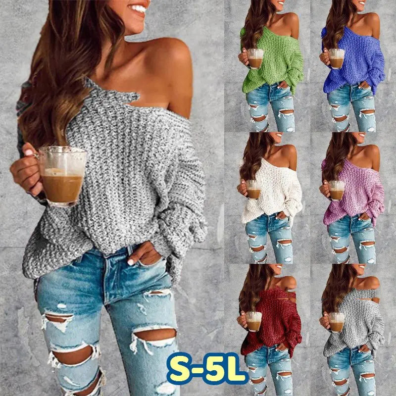 Trendy Autumn Long Sleeve One-Shoulder Knit Sweater