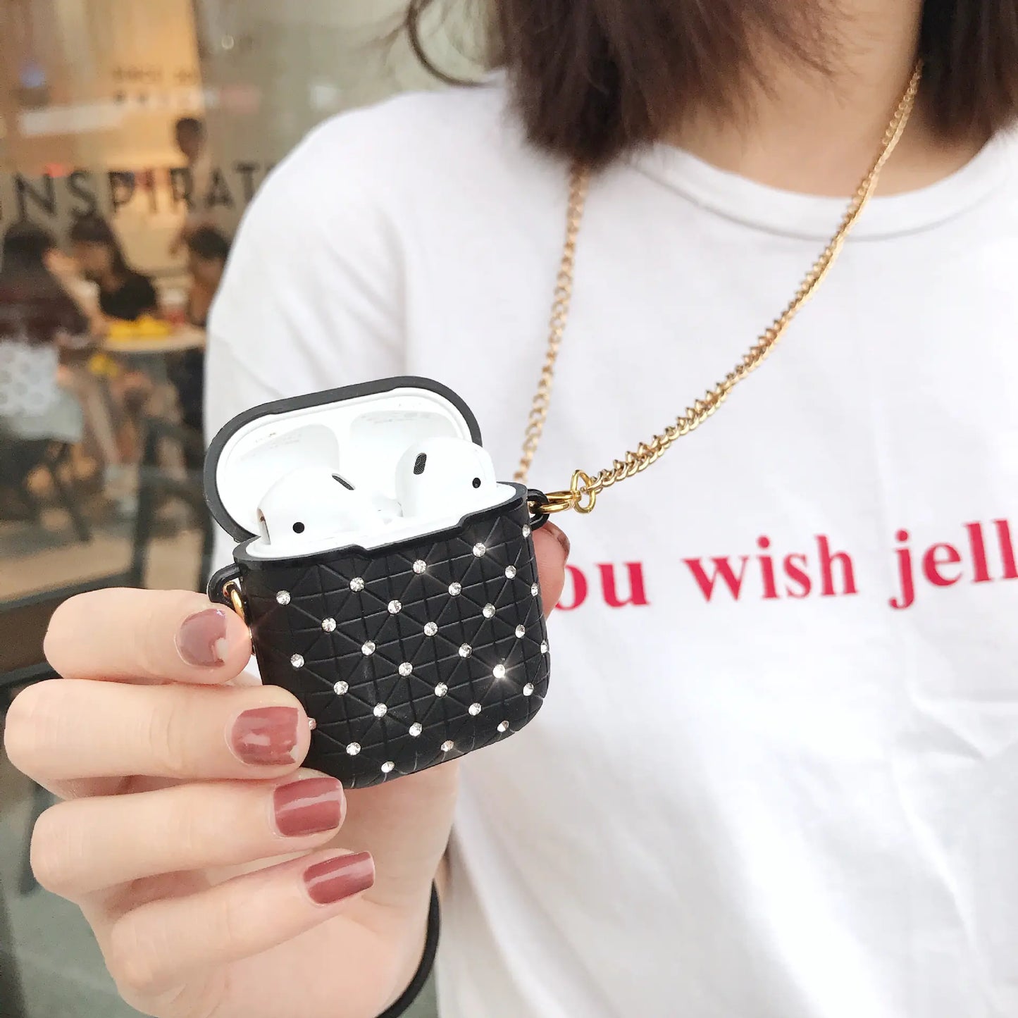 Fashionable silicon Chain Earphone Case for AirPods Style gold chain and moissonite
