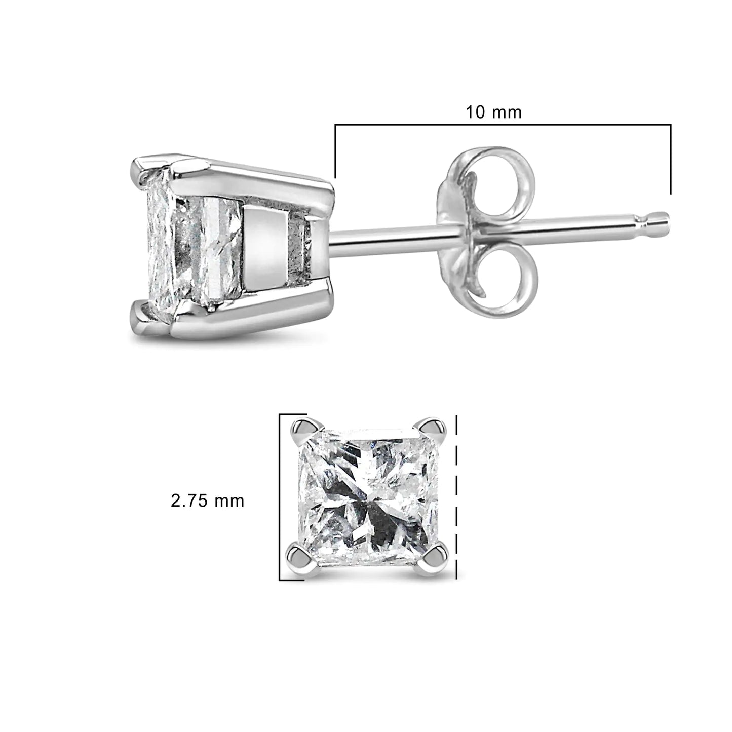 Boucles d'oreilles à tige en or blanc 14 carats avec diamant solitaire taille princesse (couleur FG, pureté VS2-SI1)
