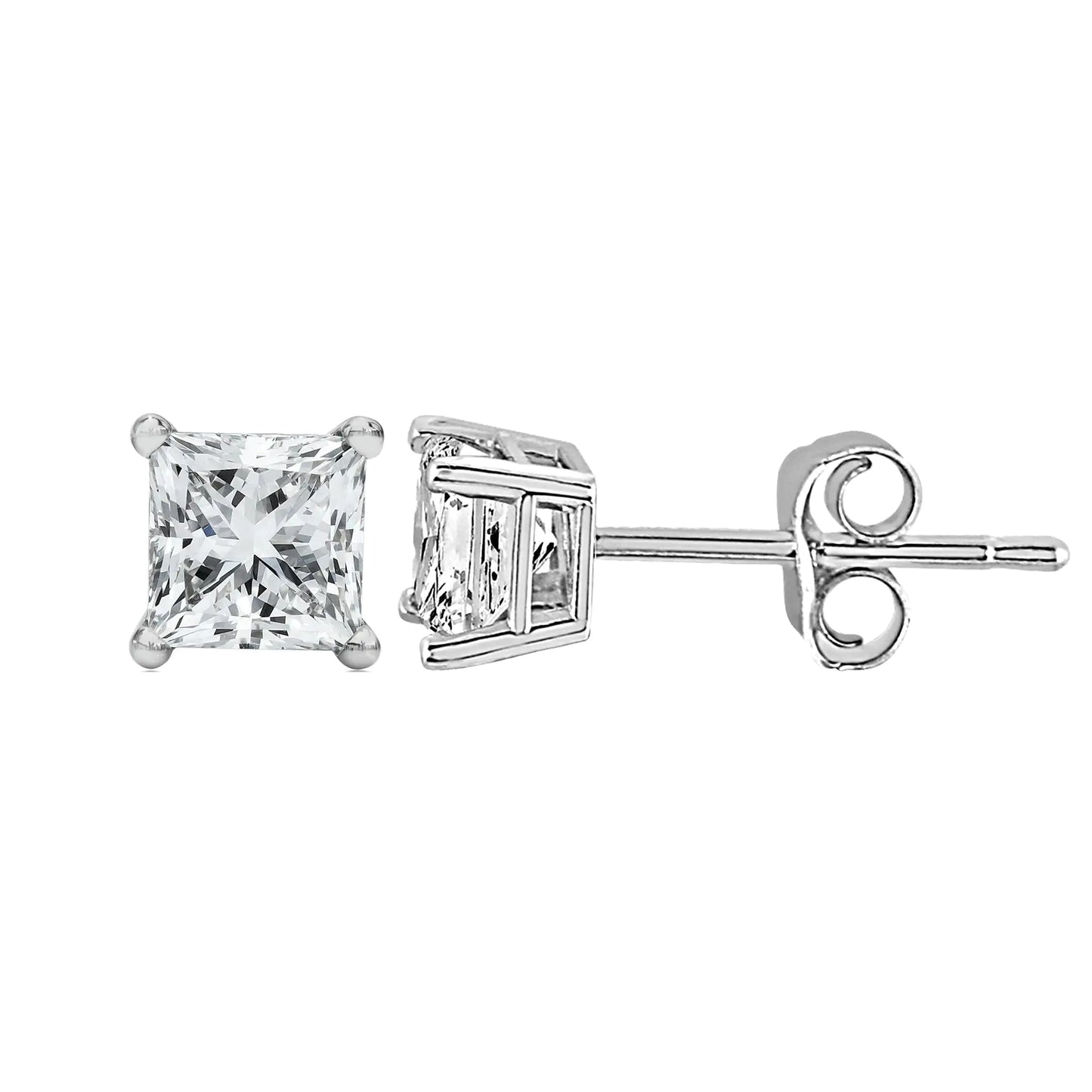 Boucles d'oreilles à tige en or blanc 14 carats avec diamant solitaire taille princesse (couleur FG, pureté VS2-SI1)