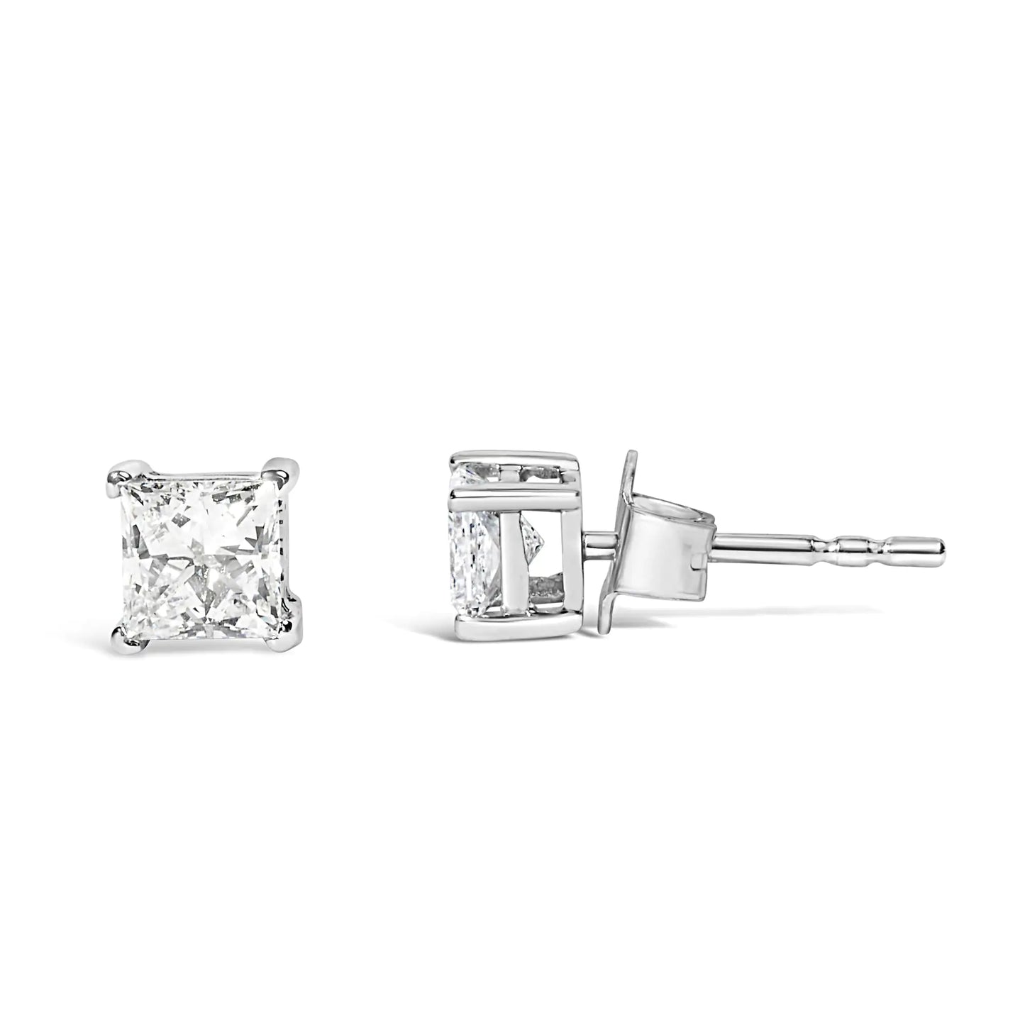 Boucles d'oreilles à tige en or blanc 14 carats avec diamant solitaire taille princesse (couleur FG, pureté VS2-SI1)