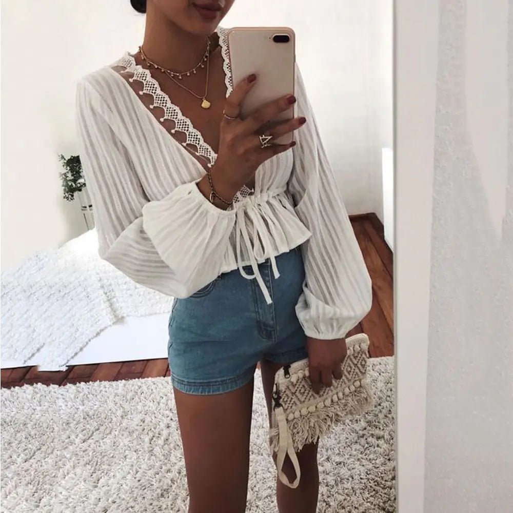 Deep V Waist Tie Lantern Sleeve Shirt