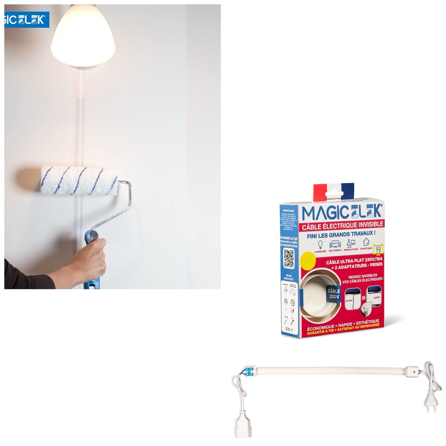 MAGIC ELEK - Câble électrique Ultra Plat 5M 230V/16A - Fil électrique Invisible- Ruban électrique Qui disparaît sous Peinture, Papier Peint, carrelage, parquet Fini Les goulottes Passe Cable