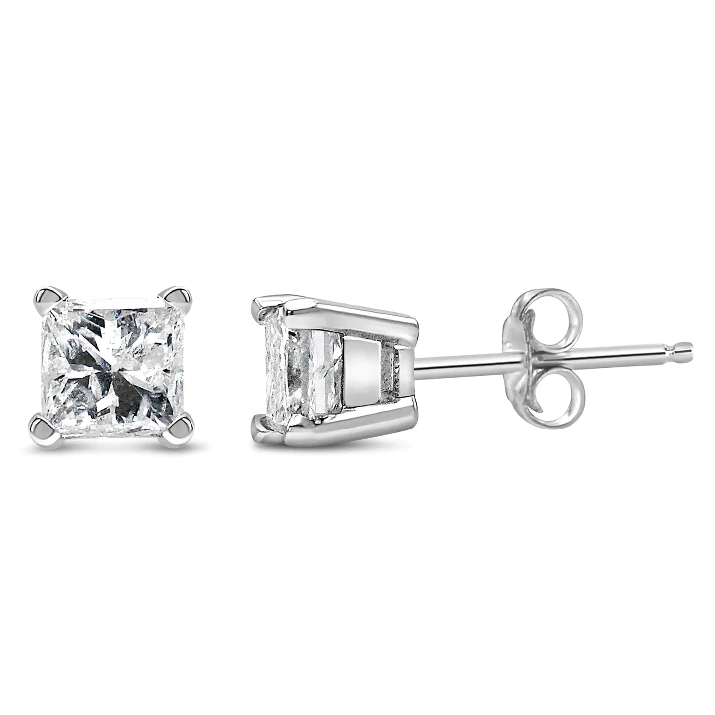 Boucles d'oreilles à tige en or blanc 14 carats avec diamant solitaire taille princesse (couleur FG, pureté VS2-SI1)