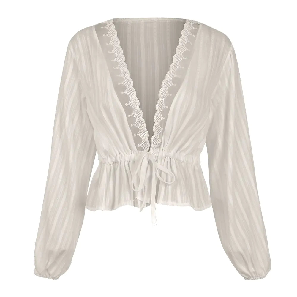 Deep V Waist Tie Lantern Sleeve Shirt