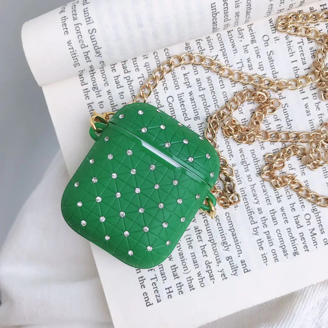 Fashionable silicon Chain Earphone Case for AirPods Style gold chain and moissonite