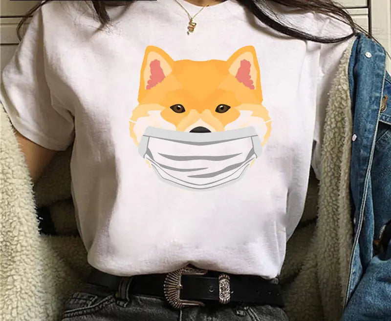 Shiba Inu Masked Print Couple T-Shirt for Students