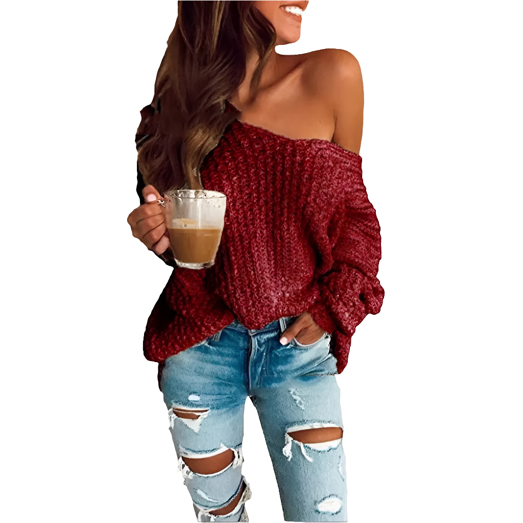 Trendy Autumn Long Sleeve One-Shoulder Knit Sweater