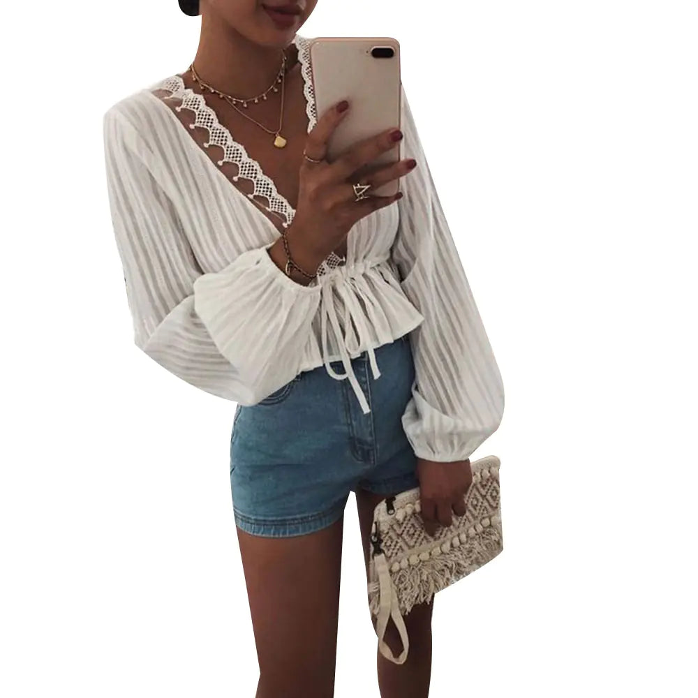 Deep V Waist Tie Lantern Sleeve Shirt