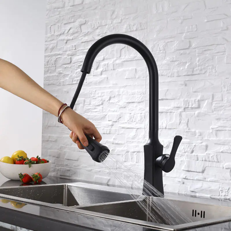 Black Pull-Out Rotating Sink Faucet for Hot and Cold Water