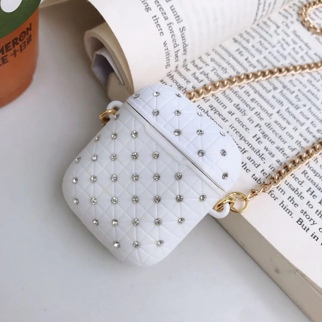 Fashionable silicon Chain Earphone Case for AirPods Style gold chain and moissonite