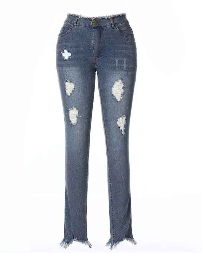 Trendy Slim Fit Hollow Fringe Ladies' Jeans