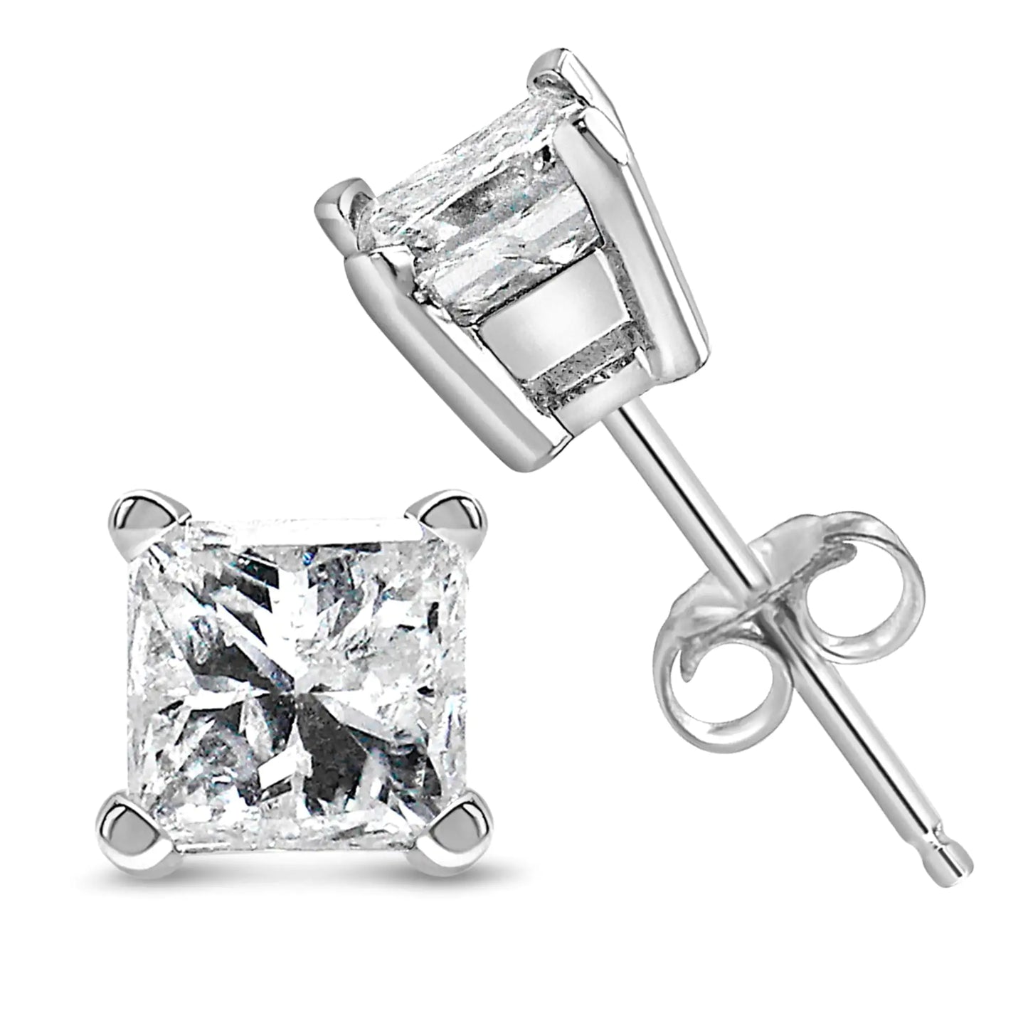 Boucles d'oreilles à tige en or blanc 14 carats avec diamant solitaire taille princesse (couleur FG, pureté VS2-SI1)