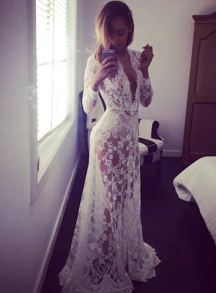 Sexy Deep V-Neck Long Sleeve Lace Bodycon Dress