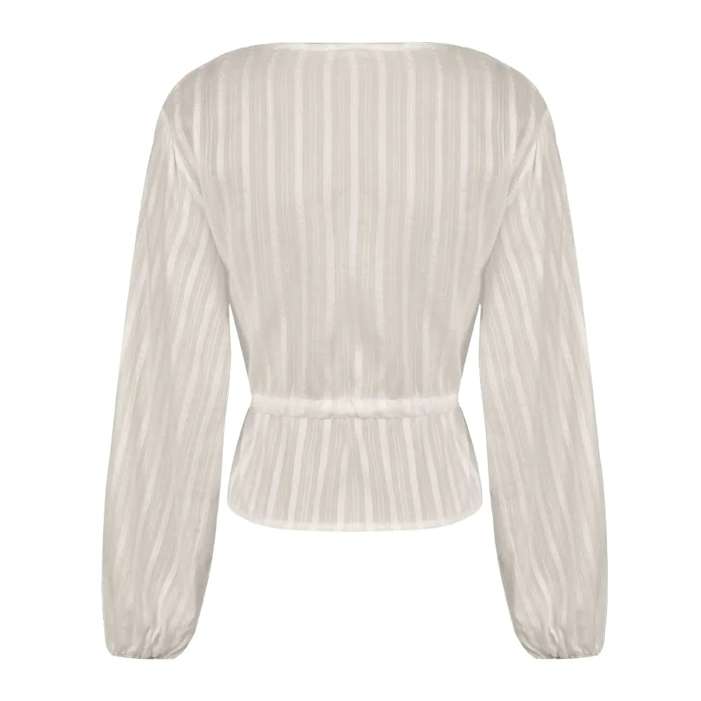 Deep V Waist Tie Lantern Sleeve Shirt