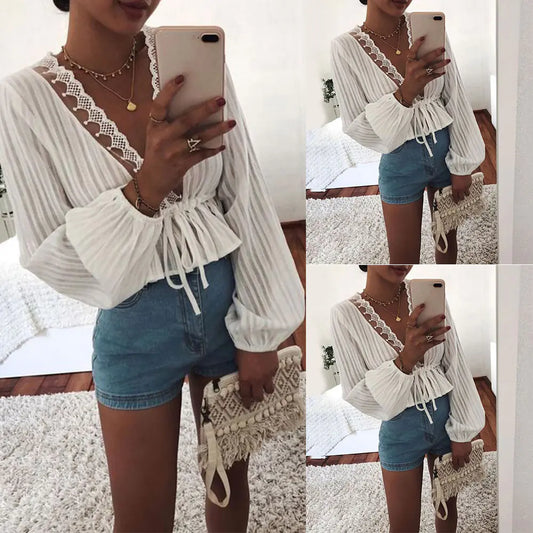 Deep V Waist Tie Lantern Sleeve Shirt
