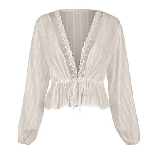 Deep V Waist Tie Lantern Sleeve Shirt
