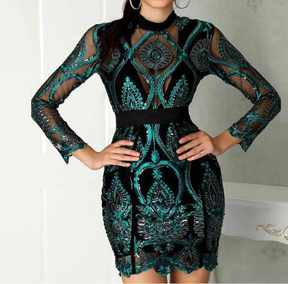 2020 New Fashion Sequined Long Sleeve Bodycon Dress