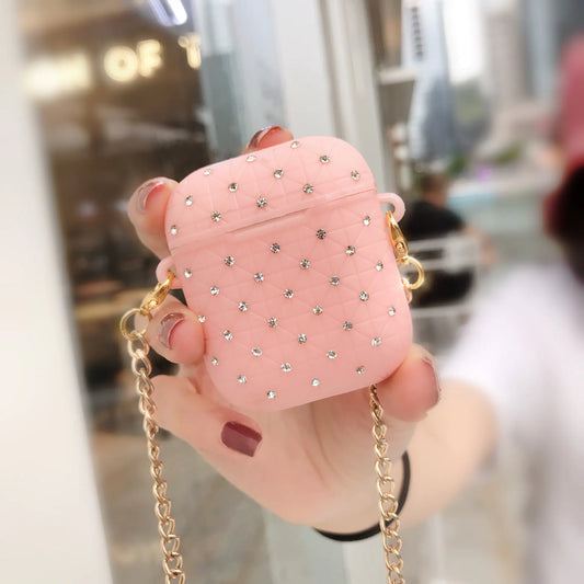 Fashionable silicon Chain Earphone Case for AirPods Style gold chain and moissonite