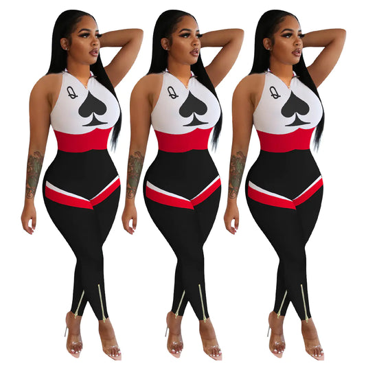 Casual Fashion Printed Jumpsuit with Zipper Detail