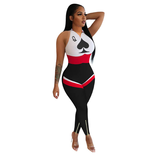 Casual Fashion Printed Jumpsuit with Zipper Detail