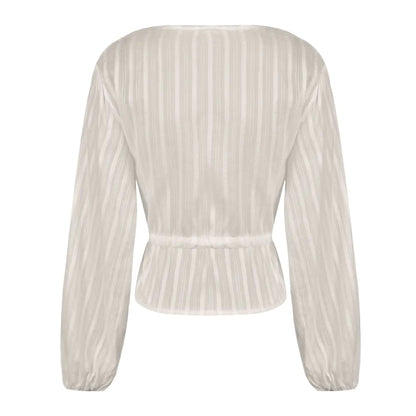 Deep V Waist Tie Lantern Sleeve Shirt